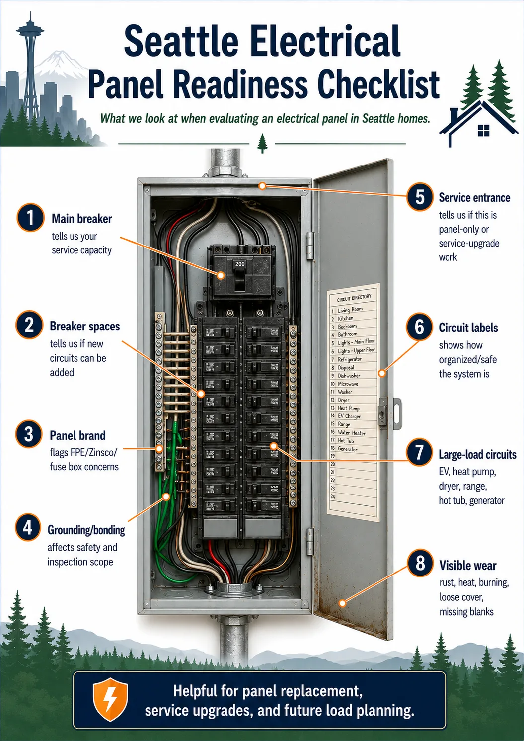 Seattle Electrical Panel Readiness Checklist showing panel capacity, breaker spaces, service entrance, grounding, circuit labels, large-load circuits, and visible wear.