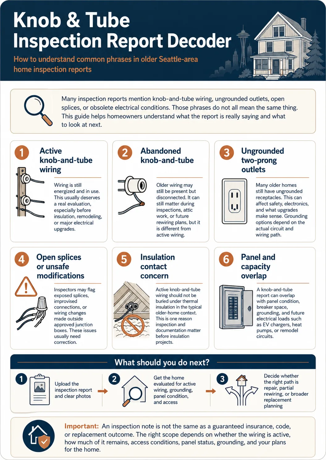 Knob and tube inspection report decoder infographic explaining active knob-and-tube wiring, abandoned wiring, ungrounded two-prong outlets, open splices, insulation contact concerns, and panel capacity overlap for older Seattle-area homes.