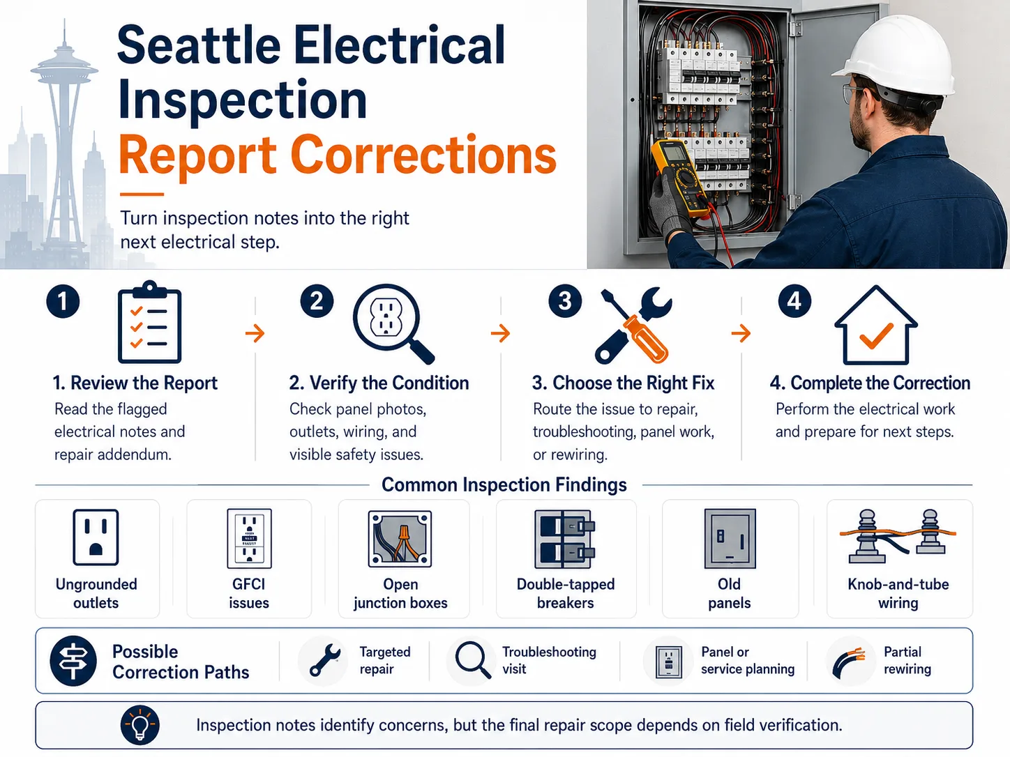 Seattle electrical inspection report correction process showing report review, field verification, repair planning, and common electrical findings