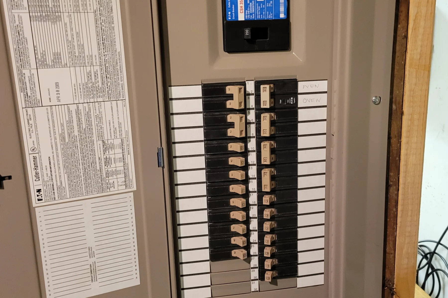 200 amp electrical panel evaluated for appliance and lighting load capacity